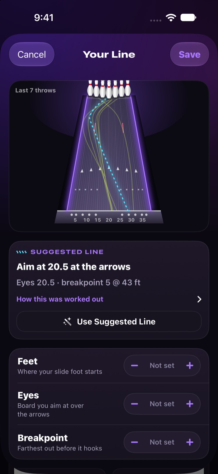 The Your Line screen: the last seven throws drawn on the lane, with a suggested line to aim at 20.5 at the arrows and a breakpoint of 5 at 43 feet.